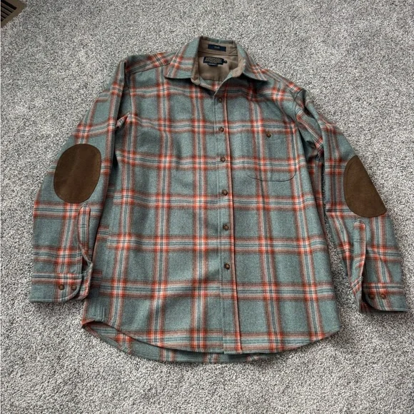 Pendleton Trail Gray and Brown Plaid Shirt with Elbow Patches men’s medium - Picture 1 of 3